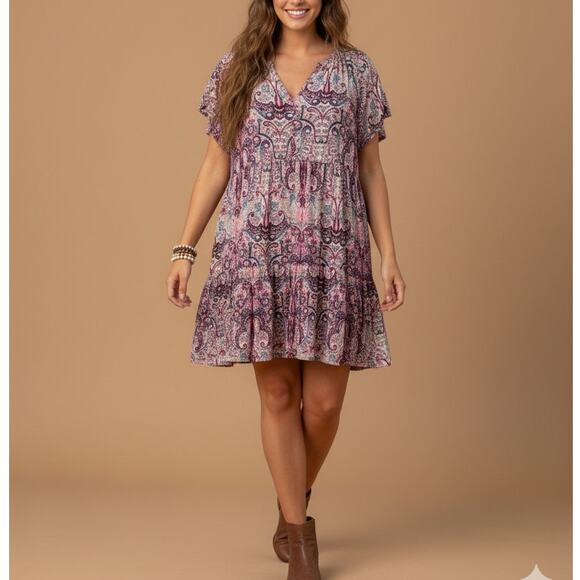 Knox Rose Boho Paisley Print Mini Dress Sz XXL Tunic V-Neck Flowy Hippie Chic - Picture 1 of 10